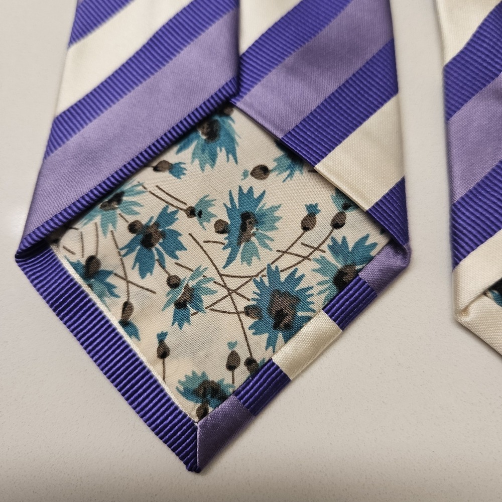 Paul Smith Mens Silk Blend Neck Tie Purple Stripe Contrast Floral Liningâ Italy